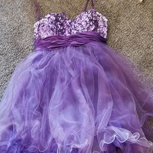 Short purple sparkly topless prom dress